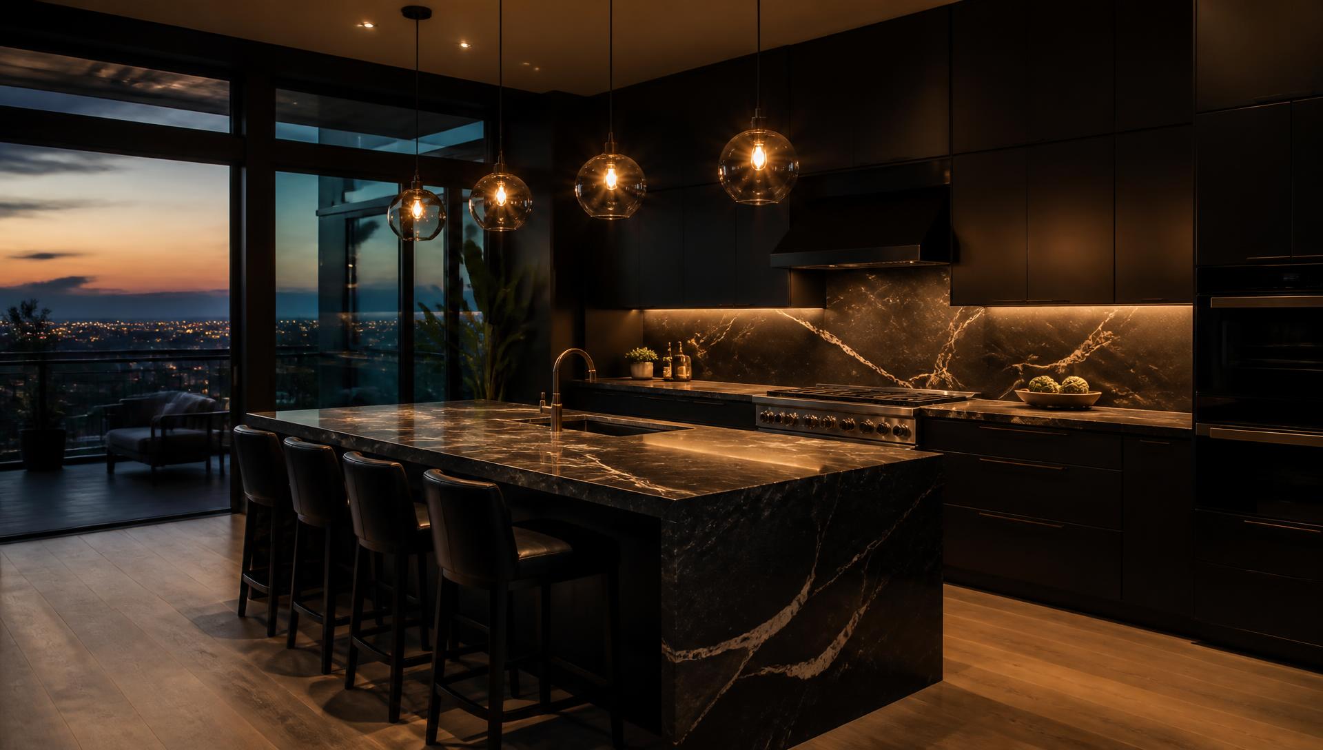 Luxury dark kitchen remodel with marble waterfall island completed by Services Squad in Silver Spring, Maryland