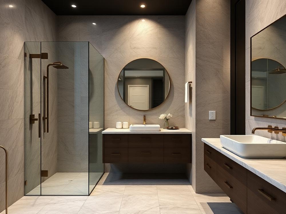 Modern bathroom remodel with stone tile and frameless glass shower in Silver Spring MD