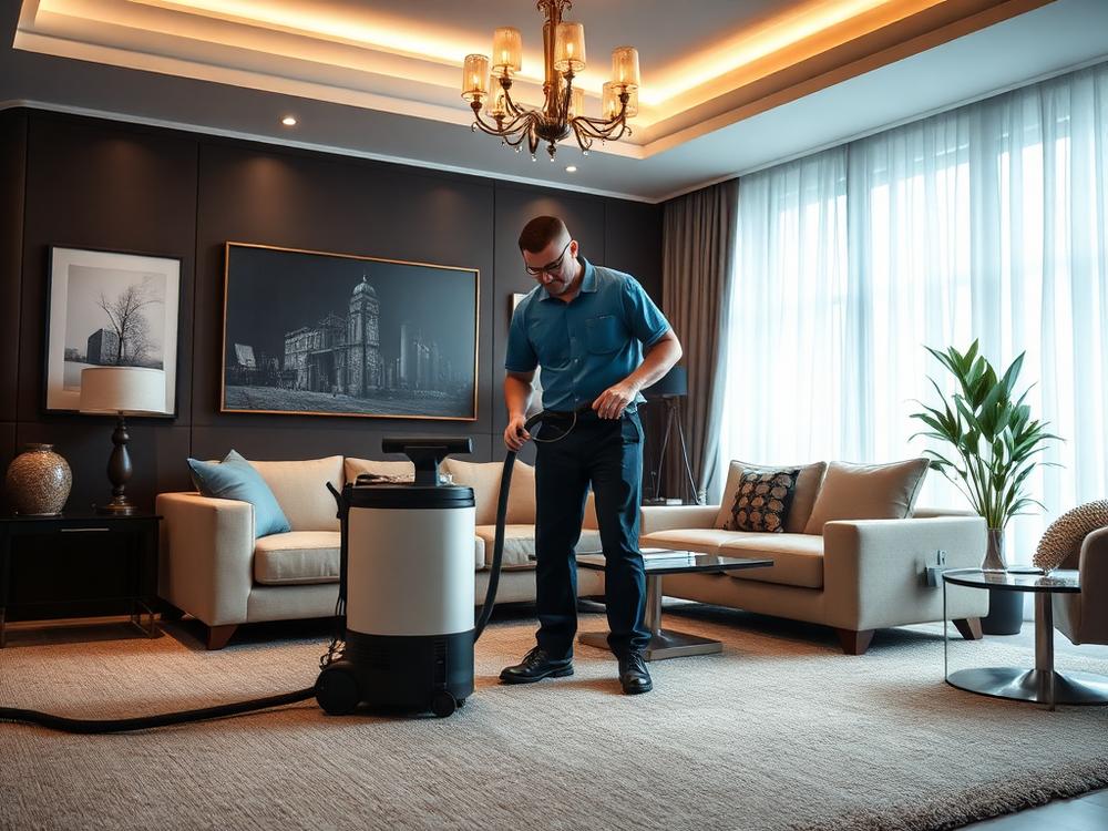 Technician performing professional carpet cleaning in a Maryland living room