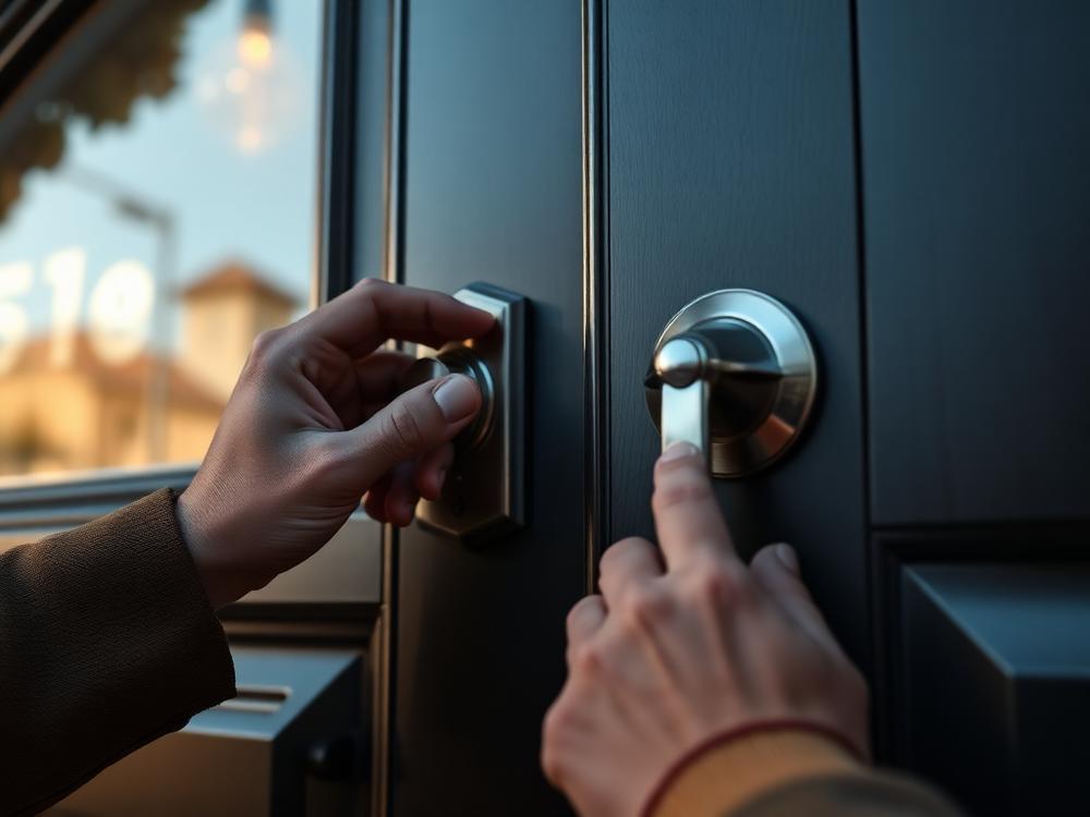 Locksmith installing a high-security deadbolt on a home front door in Montgomery County