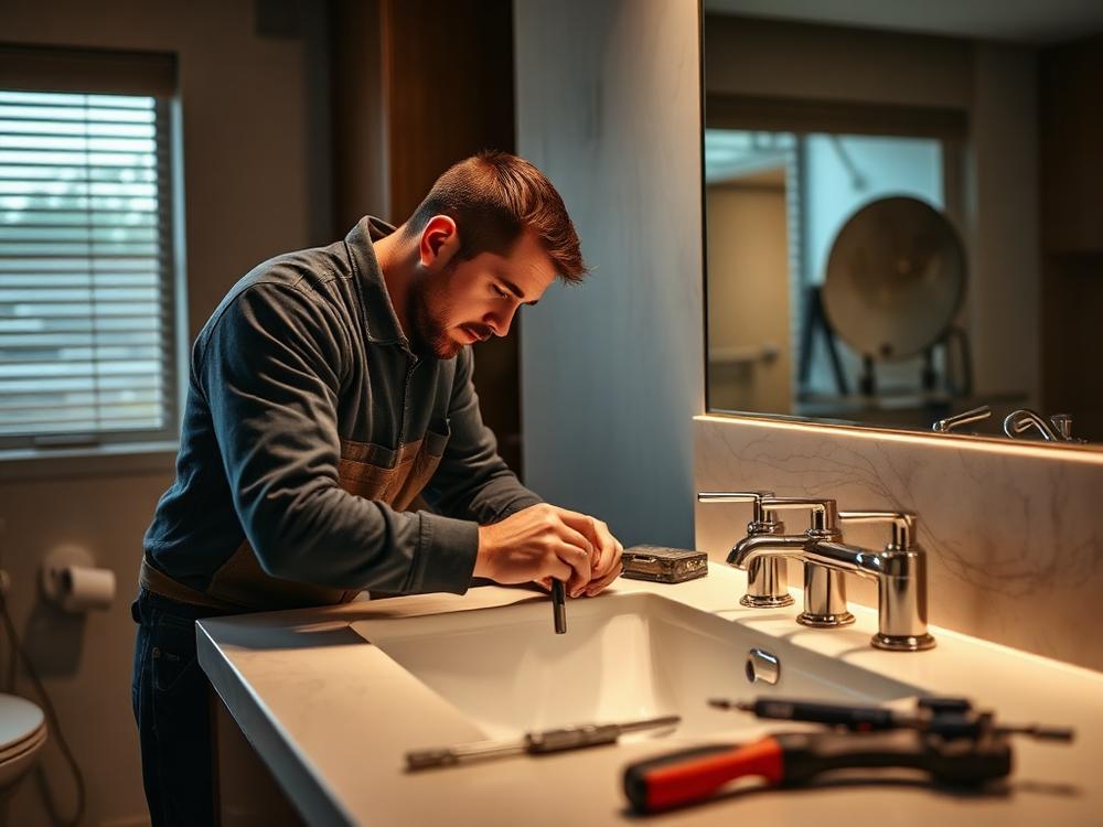 Handyman repairing a faucet on a marble vanity during a Silver Spring home service call