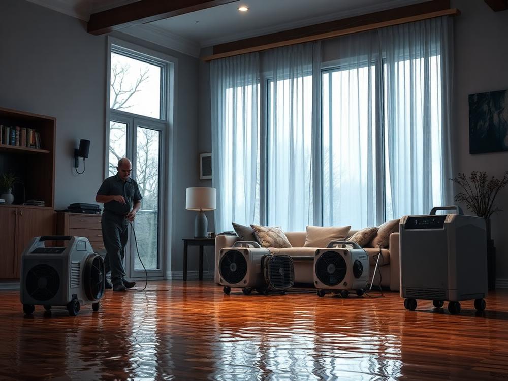 Water damage restoration equipment drying a flooded Maryland living room